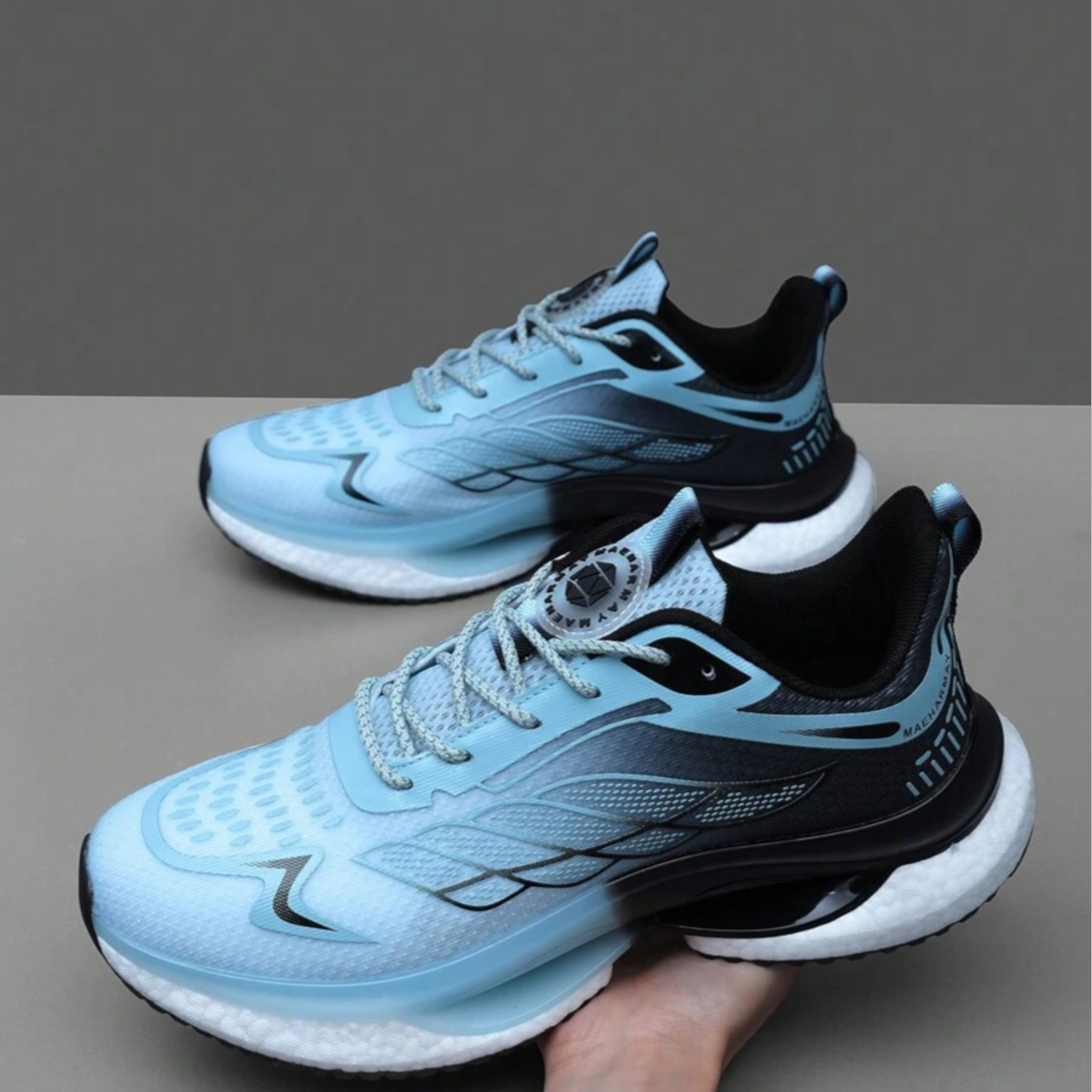 Japanese streetwear blue gradient chunky sneakers with mesh upper and white EVA sole