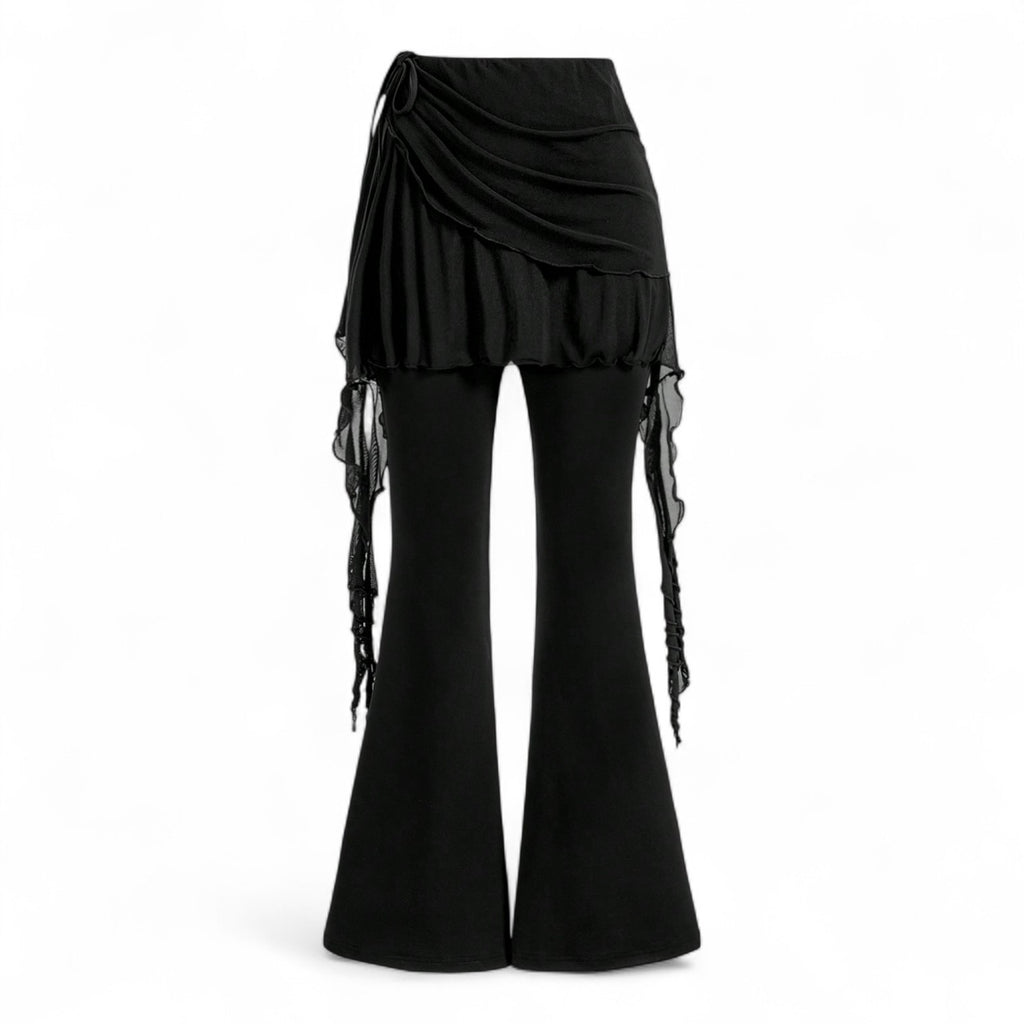 RUCHED FLARE LEG PANTS WITH ASYMMETRICAL SKIRT – JAPANESE GOTHIC STREETWEAR