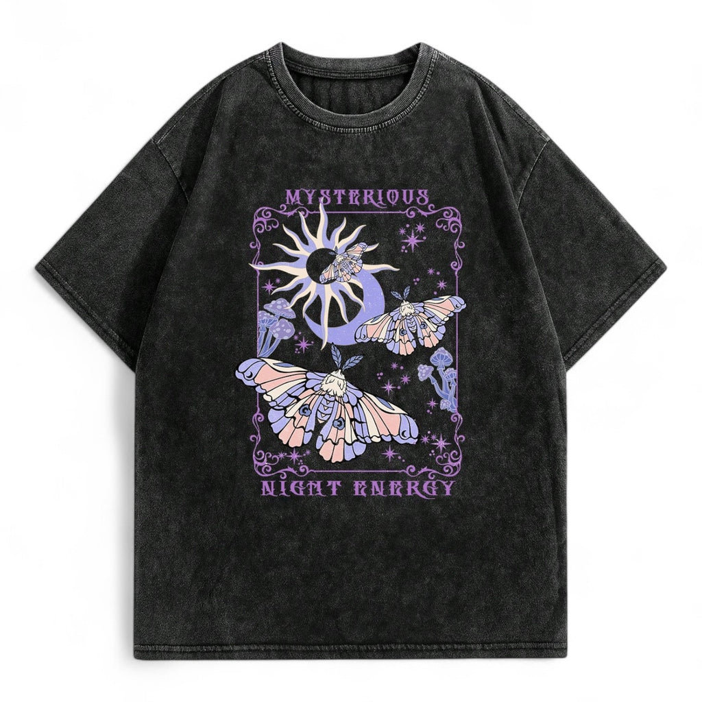 MYSTICAL NIGHT ENERGY TEE – GOTHIC MOTH SUN & MOON GRAPHIC SHIRT IN ACID WASH BLACK