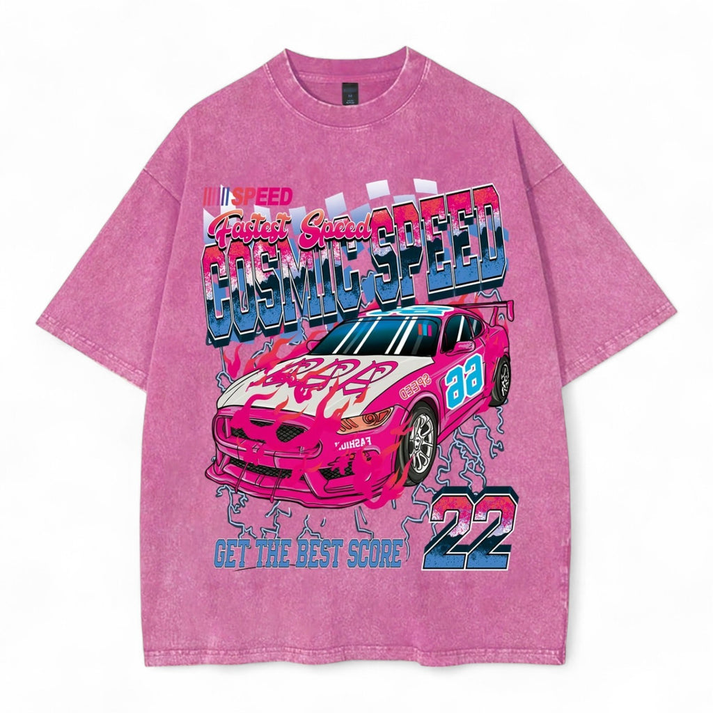 Pink Cosmic Speed Oversized Racing Graphic Tee with Arcade Car Print – Y2K Japanese Streetwear