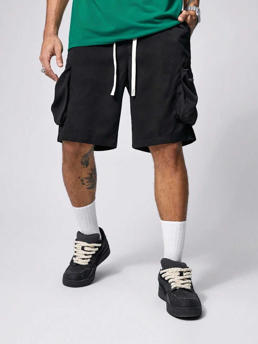 Men’s black hip-hop cargo shorts with drawstring waist and oversized zippered pockets – loose streetwear style