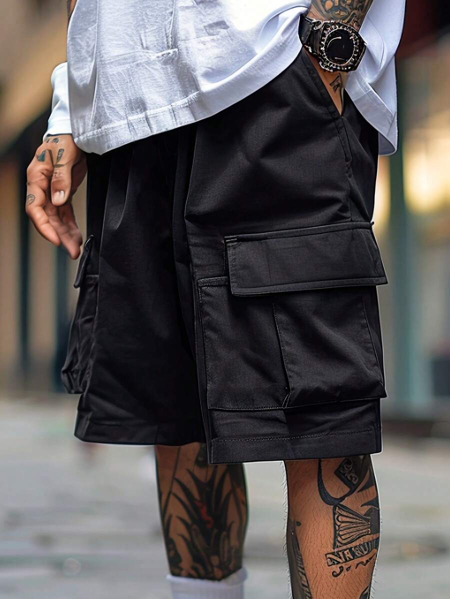Men’s black cargo bermuda shorts with drawstring waist and oversized utility pockets – hip-hop streetwear