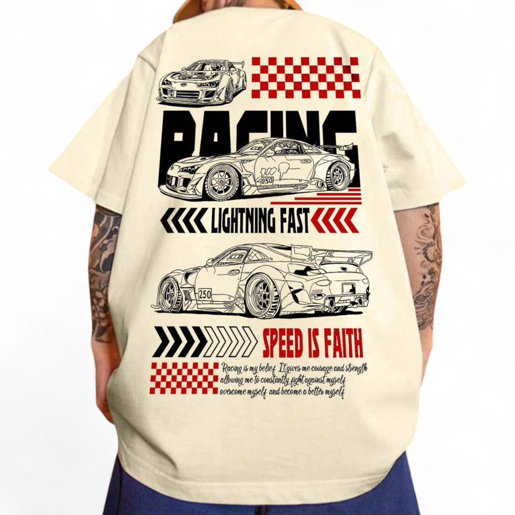 Japanese streetwear oversized racing T-shirt with car graphics, hip-hop style, and street fashion slogan print