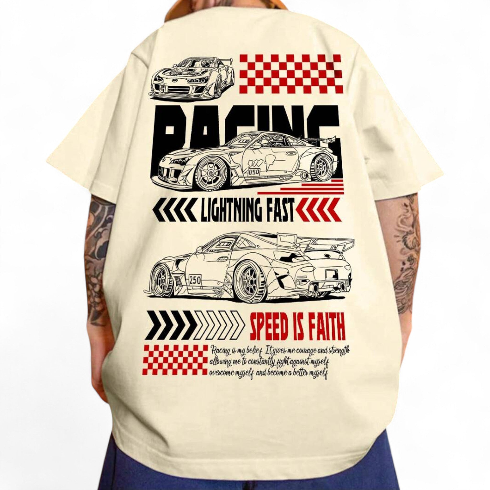 Japanese streetwear oversized racing T-shirt with car graphics, hip-hop style, and street fashion slogan print