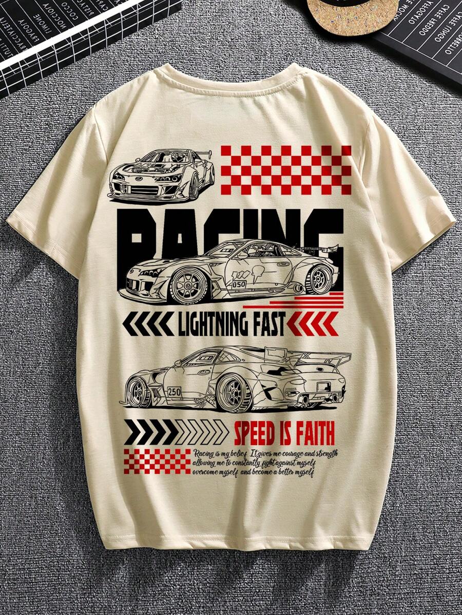 Japanese streetwear oversized racing T-shirt with car graphics, hip-hop style, and street fashion slogan print