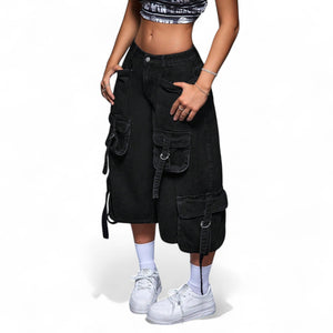 BLACK CARGO DENIM CAPRI PANTS – UTILITY STREETWEAR LOW WAIST