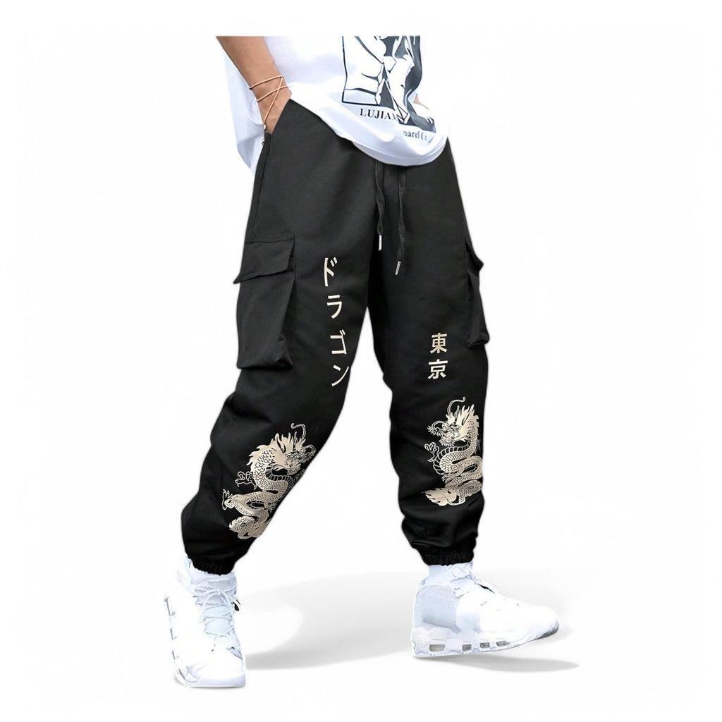 Black cargo pants with Japanese kanji and dragon print – Tokyo streetwear style