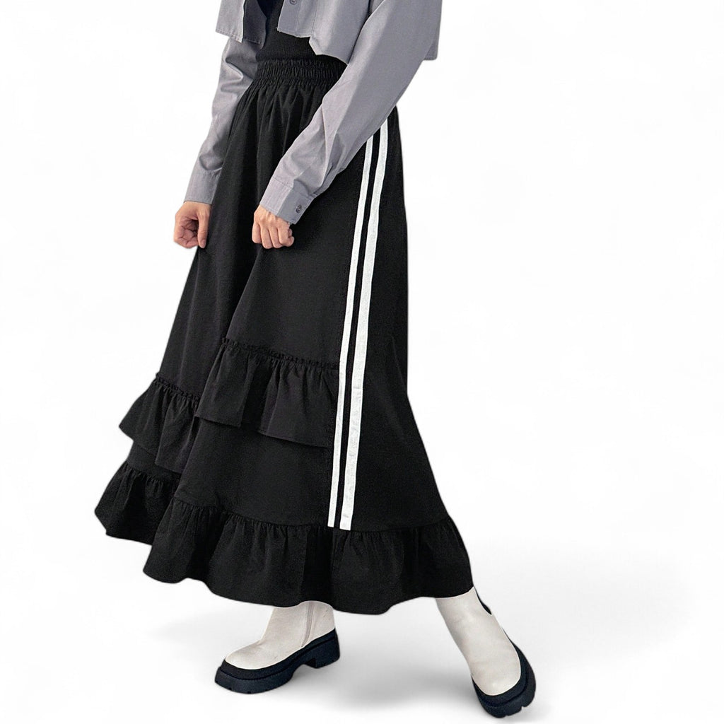 BLACK RUFFLE LAYERED SKIRT WITH STRIPES – JAPANESE STREETWEAR FUSION STYLE