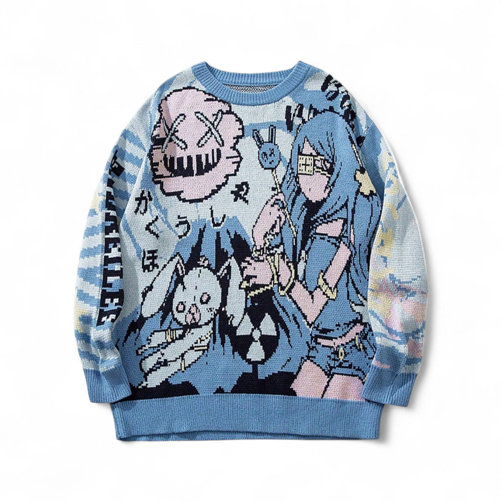 Japanese streetwear anime knit sweater blue cartoon pullover drop shoulder Harajuku cute style