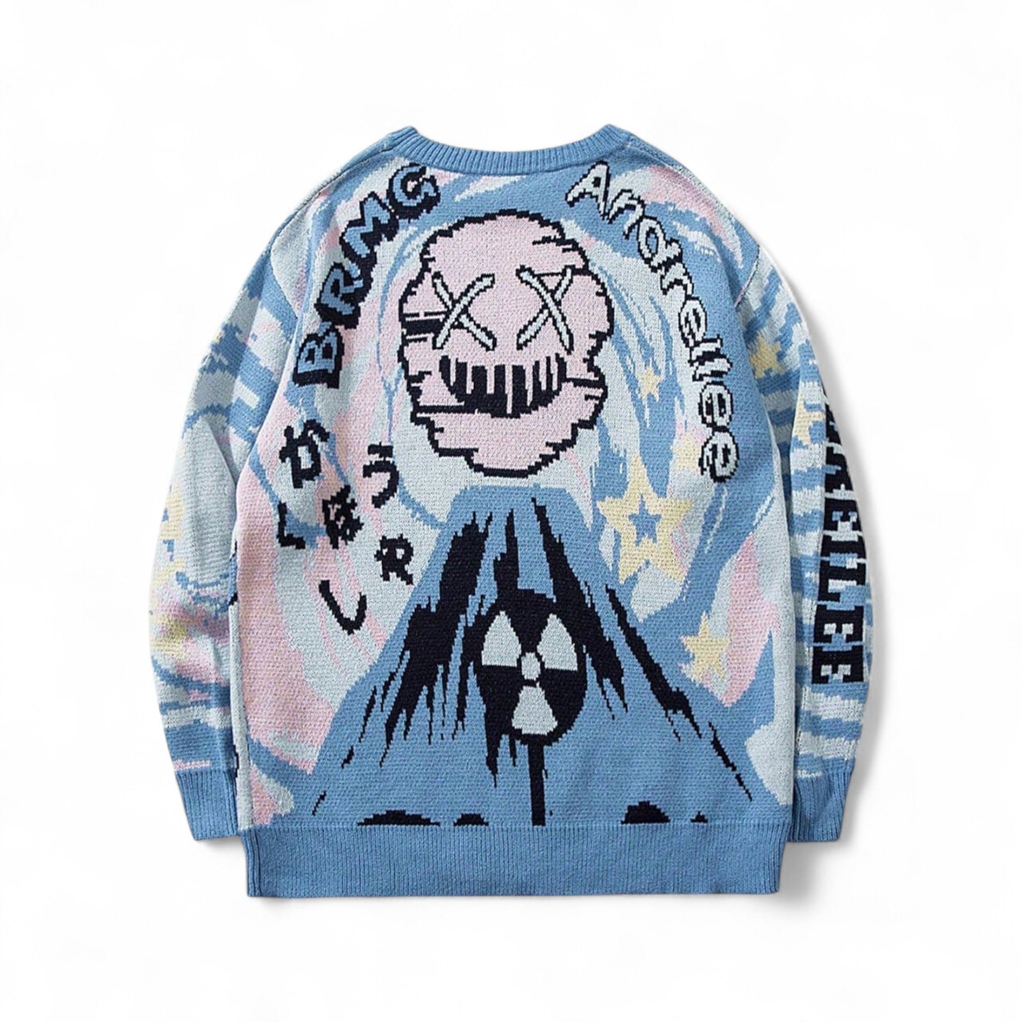 Japanese streetwear anime knit sweater blue cartoon pullover drop shoulder Harajuku cute style