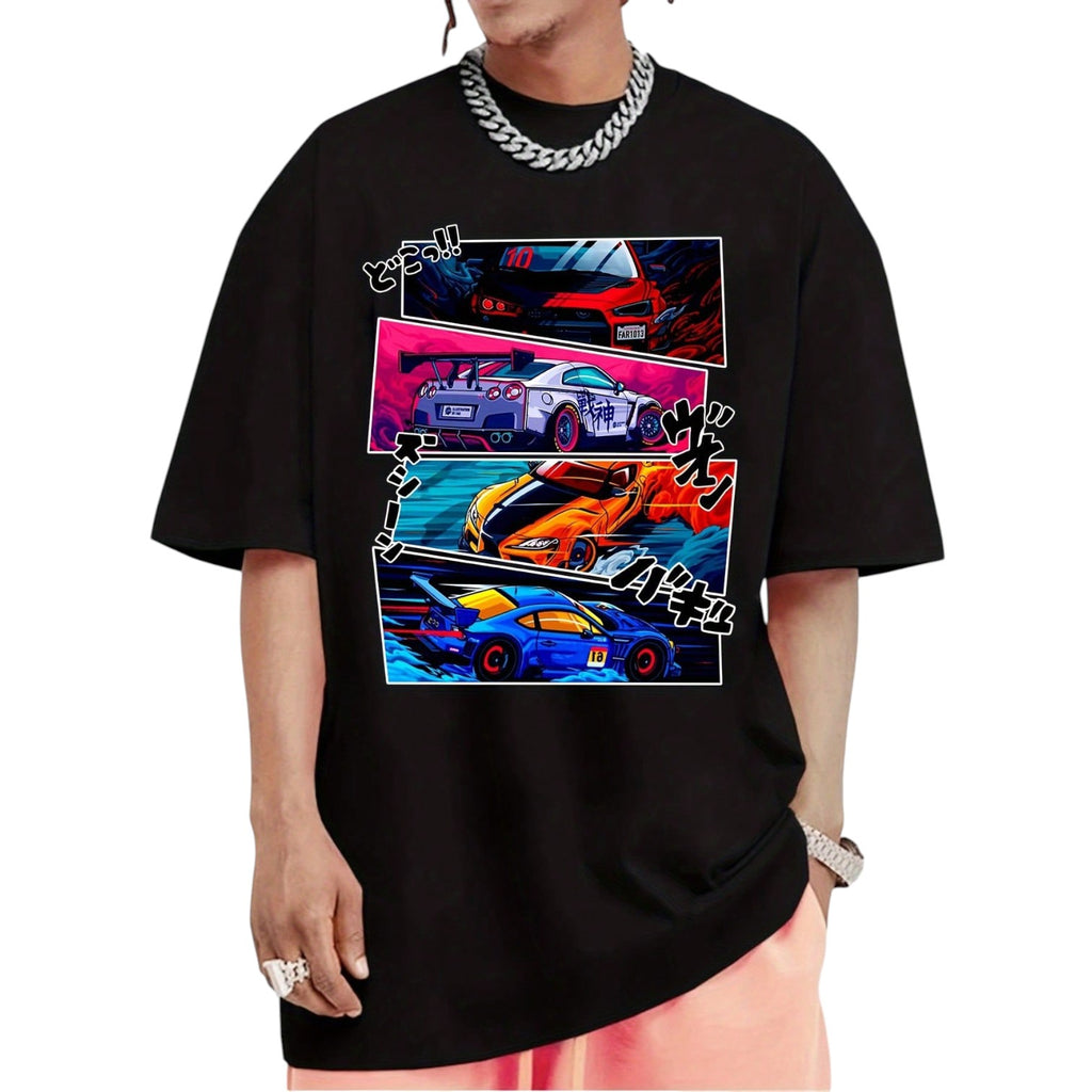Anime racing comic print T-shirt in black – Japanese car culture streetwear tee