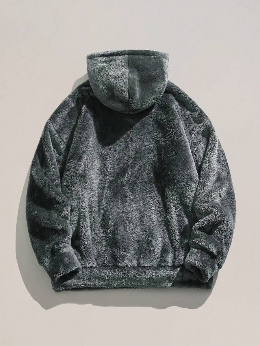 Dark Grey fuzzy flannel hoodie with drawstring and kangaroo pocket – ultra soft Japanese streetwear pullover