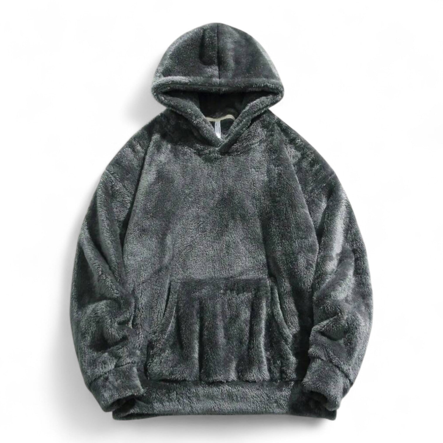 Dark Grey fuzzy flannel hoodie with drawstring and kangaroo pocket – ultra soft Japanese streetwear pullover