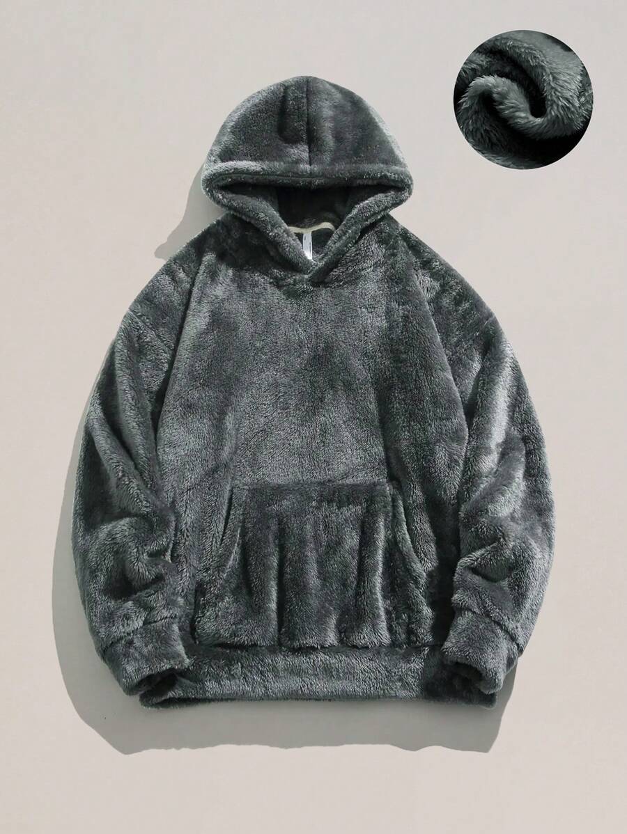 Dark Grey fuzzy flannel hoodie with drawstring and kangaroo pocket – ultra soft Japanese streetwear pullover