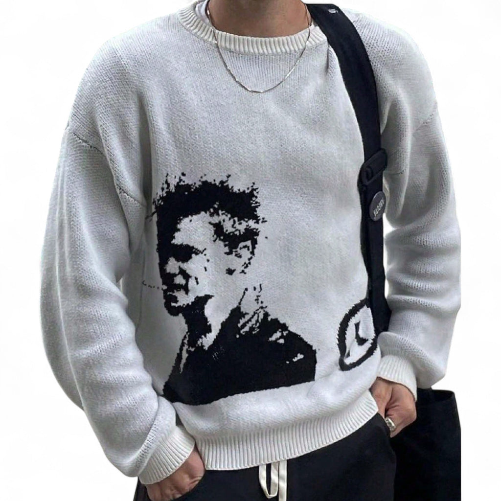 Japanese streetwear white knit sweater with black graphic print loose fit pullover