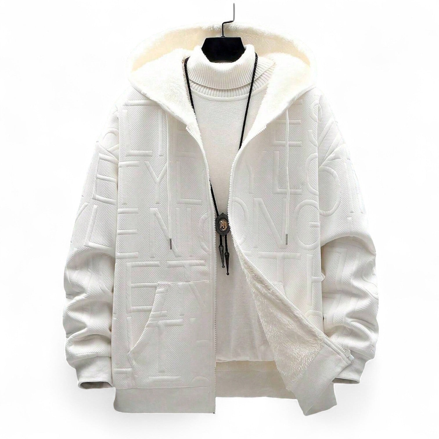 White men’s zip-up hoodie with embossed letter pattern, Japanese streetwear style, fleece-lined
