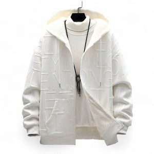 White men’s zip-up hoodie with embossed letter pattern, Japanese streetwear style, fleece-lined