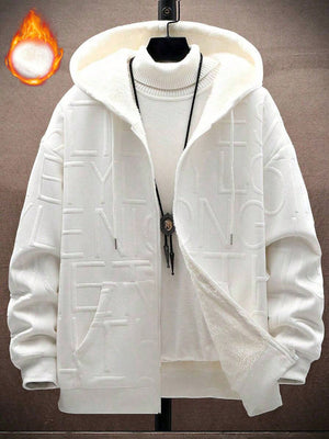 White men’s zip-up hoodie with embossed letter pattern, Japanese streetwear style, fleece-lined