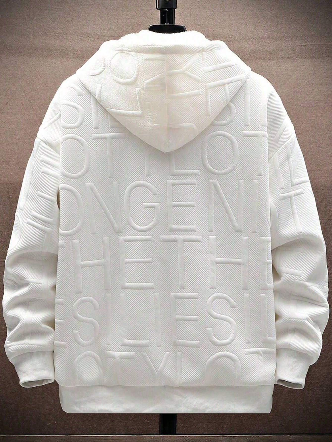 White men’s zip-up hoodie with embossed letter pattern, Japanese streetwear style, fleece-lined