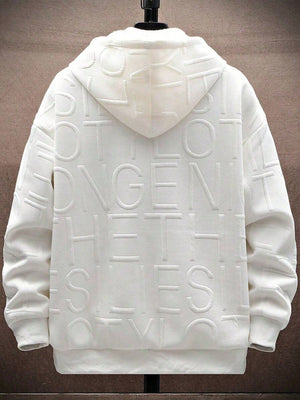 White men’s zip-up hoodie with embossed letter pattern, Japanese streetwear style, fleece-lined