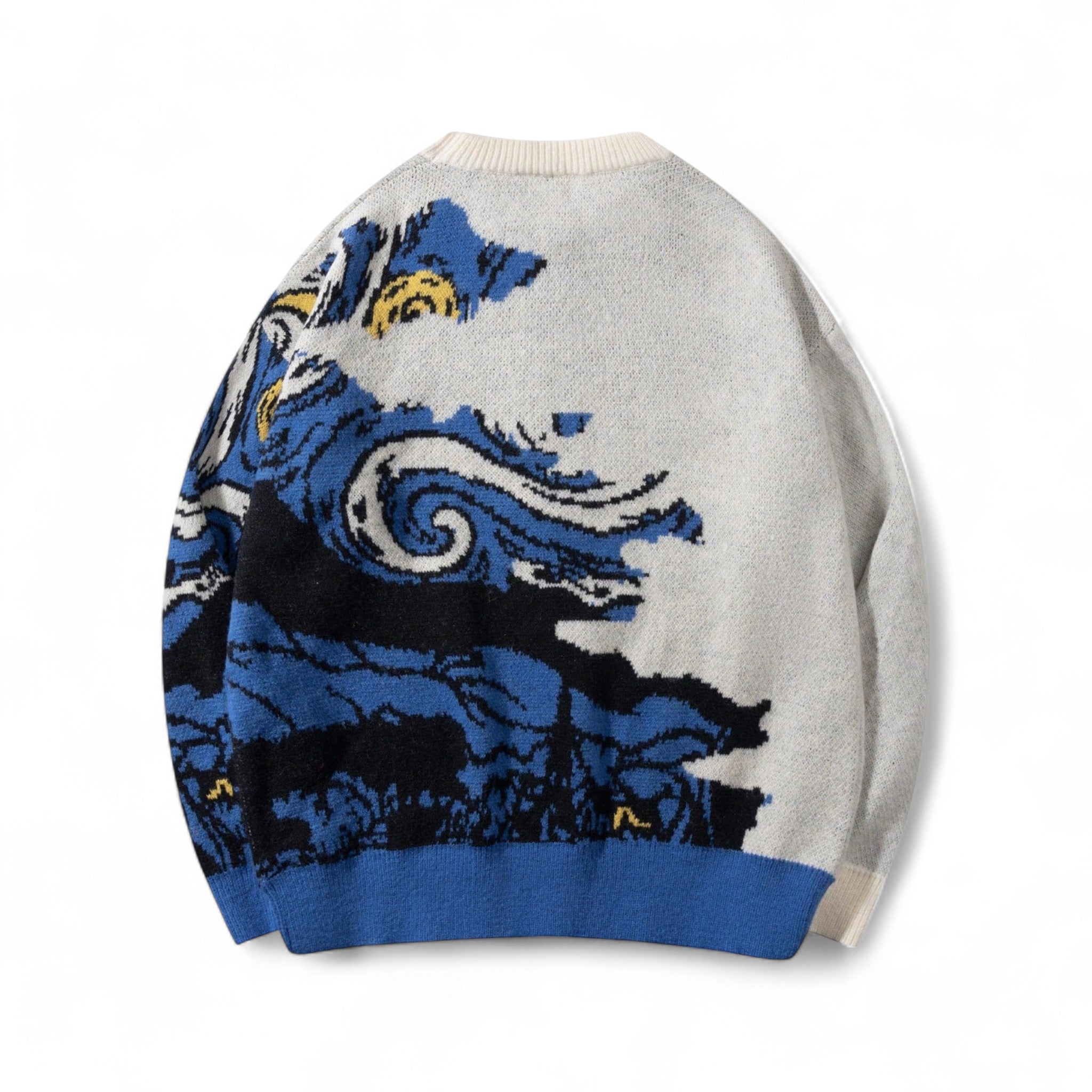 Japanese streetwear galaxy knit sweater blue starry sky pullover drop shoulder Harajuku fashion