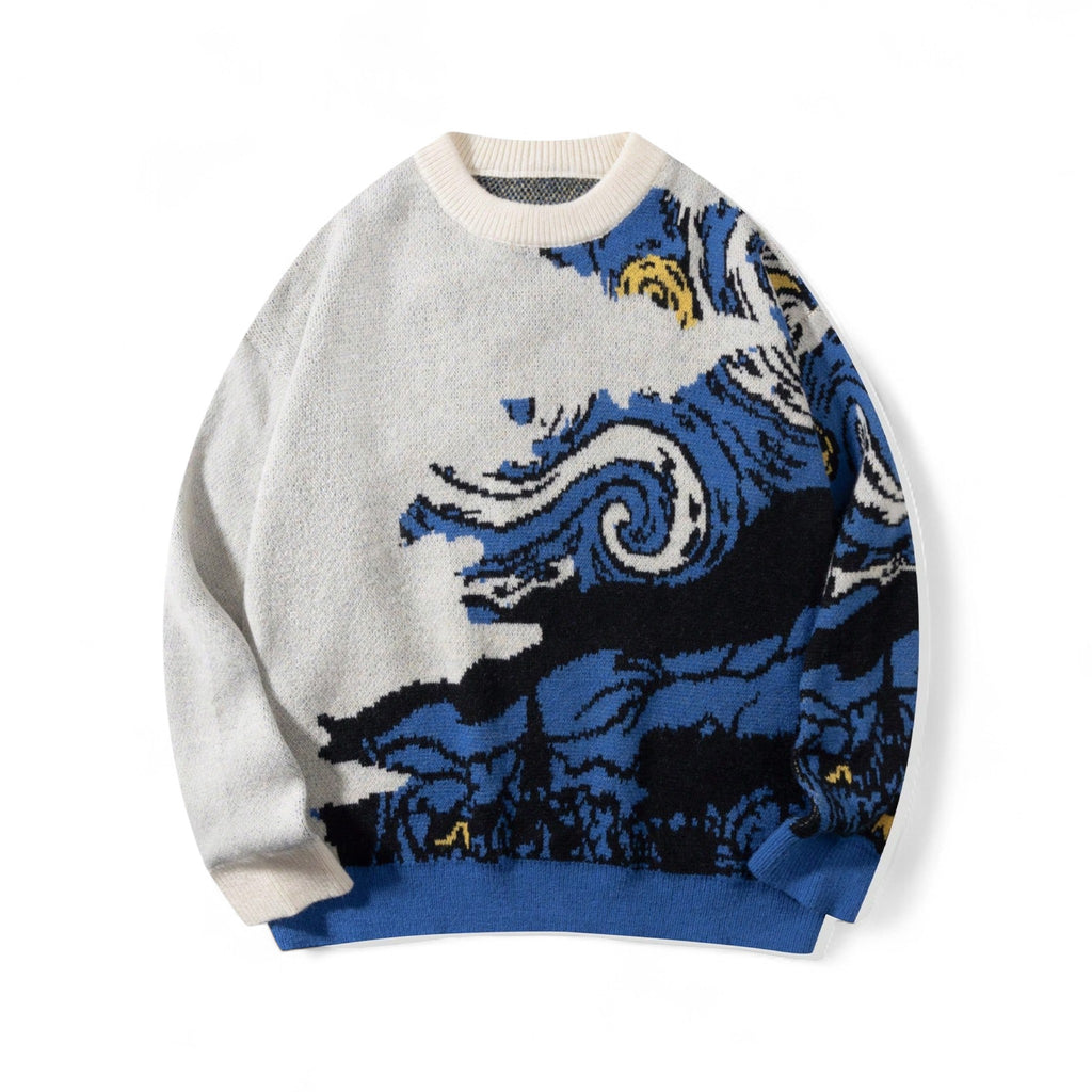 Japanese streetwear galaxy knit sweater blue starry sky pullover drop shoulder Harajuku fashion