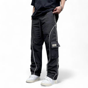 Piping Streetwear Straight-Leg Pants – Black Techwear Cargo Style