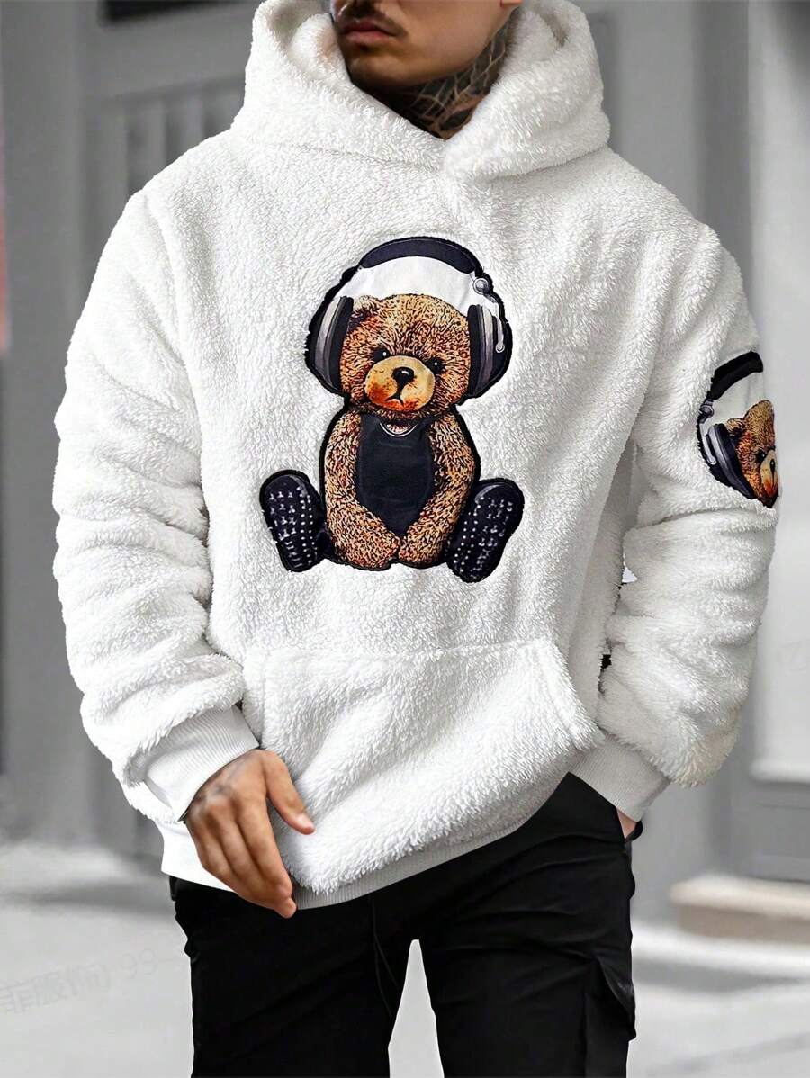 Japanese streetwear white teddy hoodie – fuzzy oversized hoodie with bear headphones print on front and sleeve