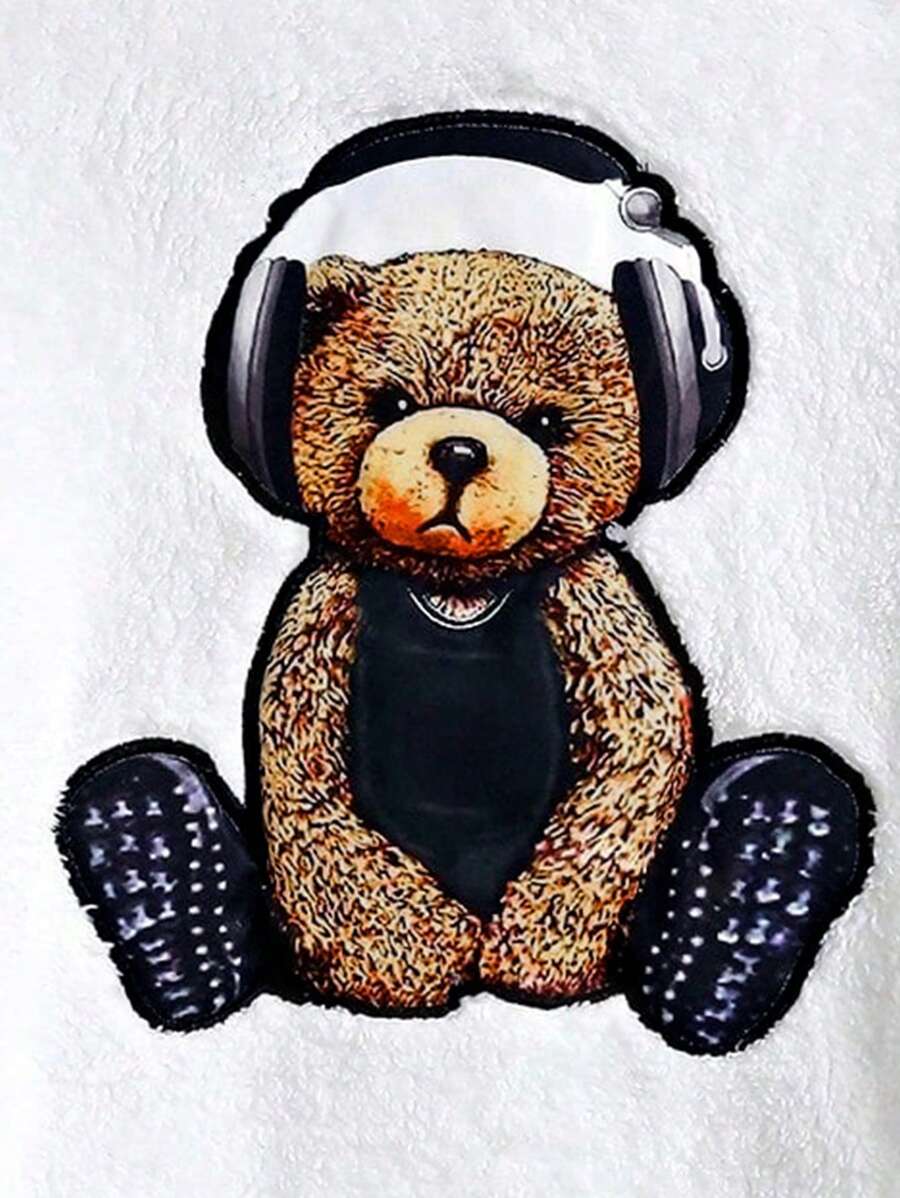 Japanese streetwear white teddy hoodie – fuzzy oversized hoodie with bear headphones print on front and sleeve