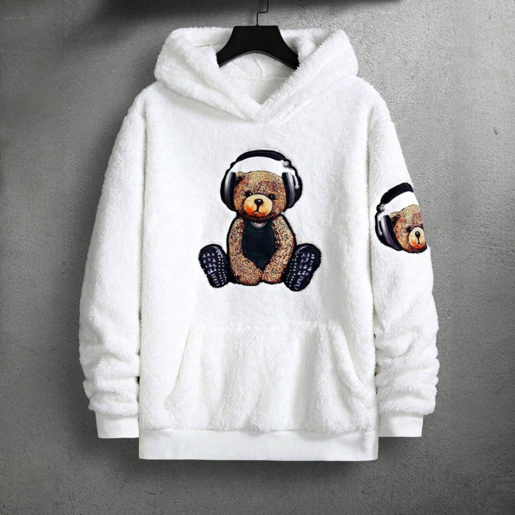 Japanese streetwear white teddy hoodie – fuzzy oversized hoodie with bear headphones print on front and sleeve
