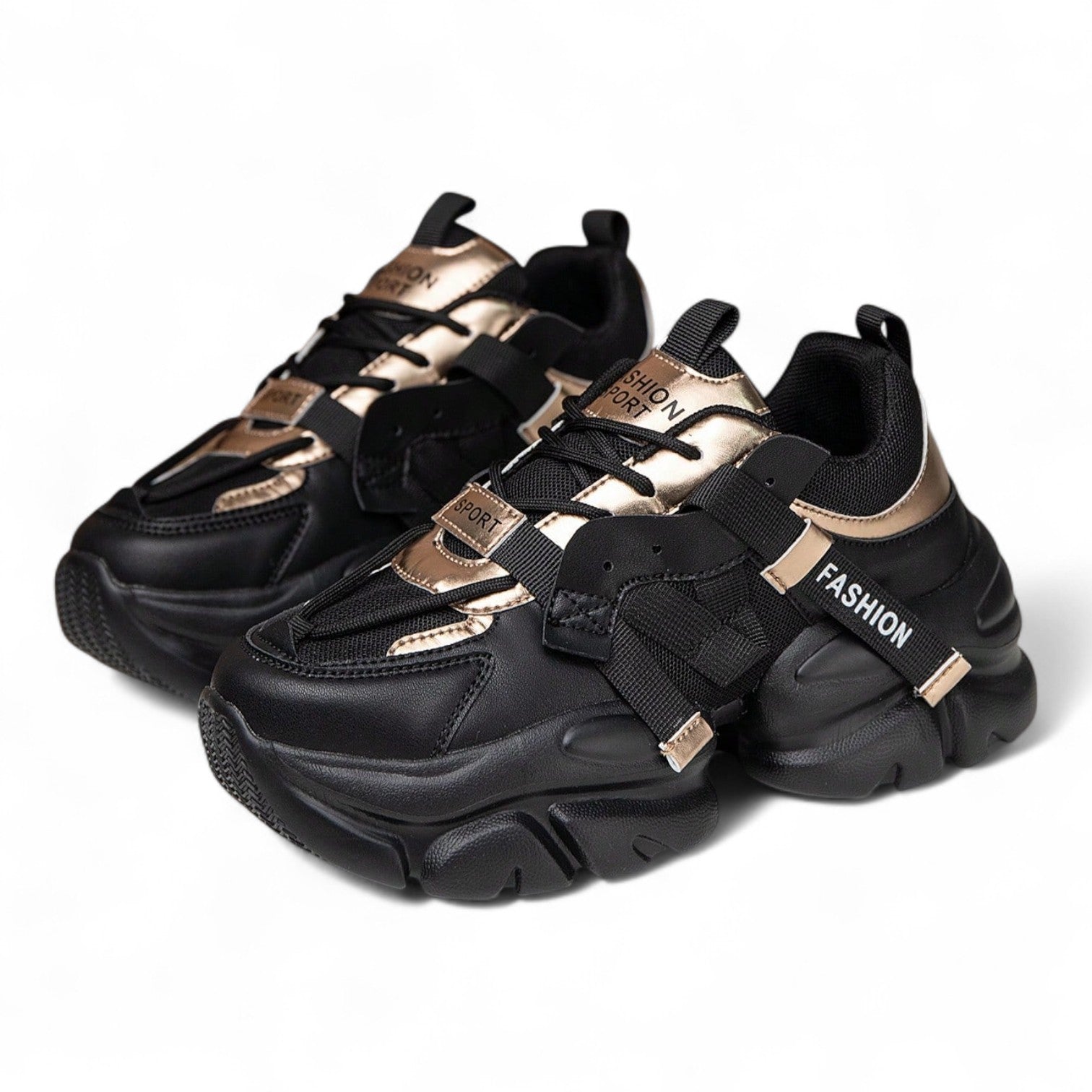 WOMEN’S BLACK & GOLD PLATFORM SNEAKERS – JAPANESE STREETWEAR STYLE

