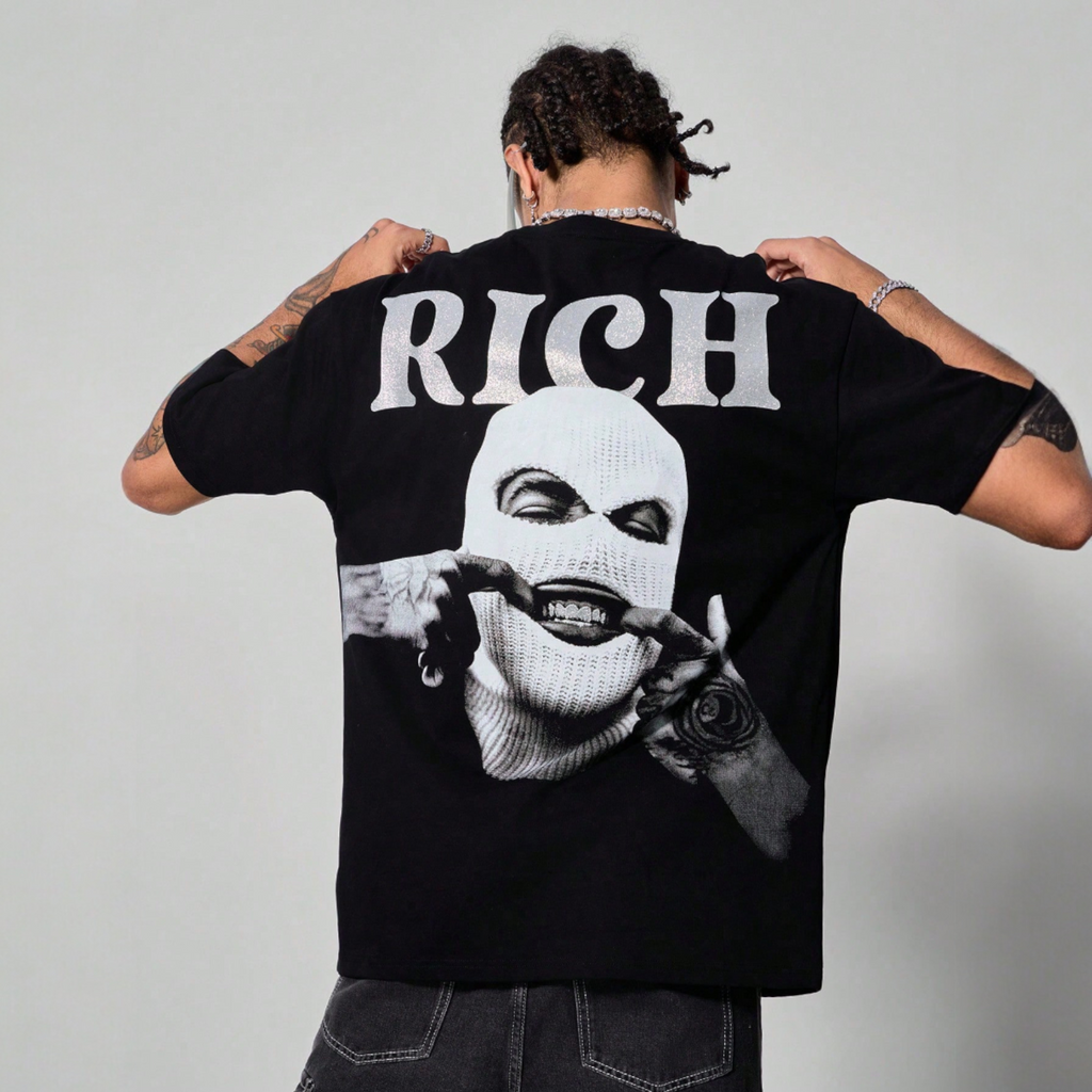 Japanese streetwear rich graphic tee black oversized hip-hop t-shirt drop shoulder Harajuku fashion