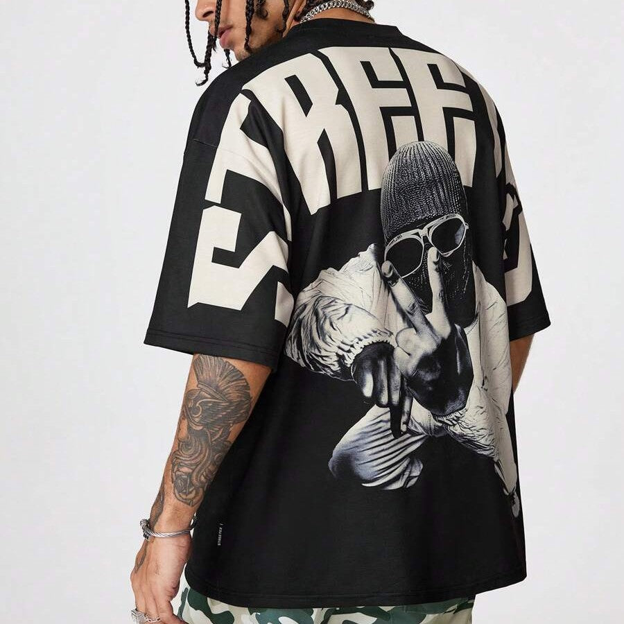 Japanese streetwear oversized graphic tee black gothic punk drop shoulder t-shirt Harajuku style