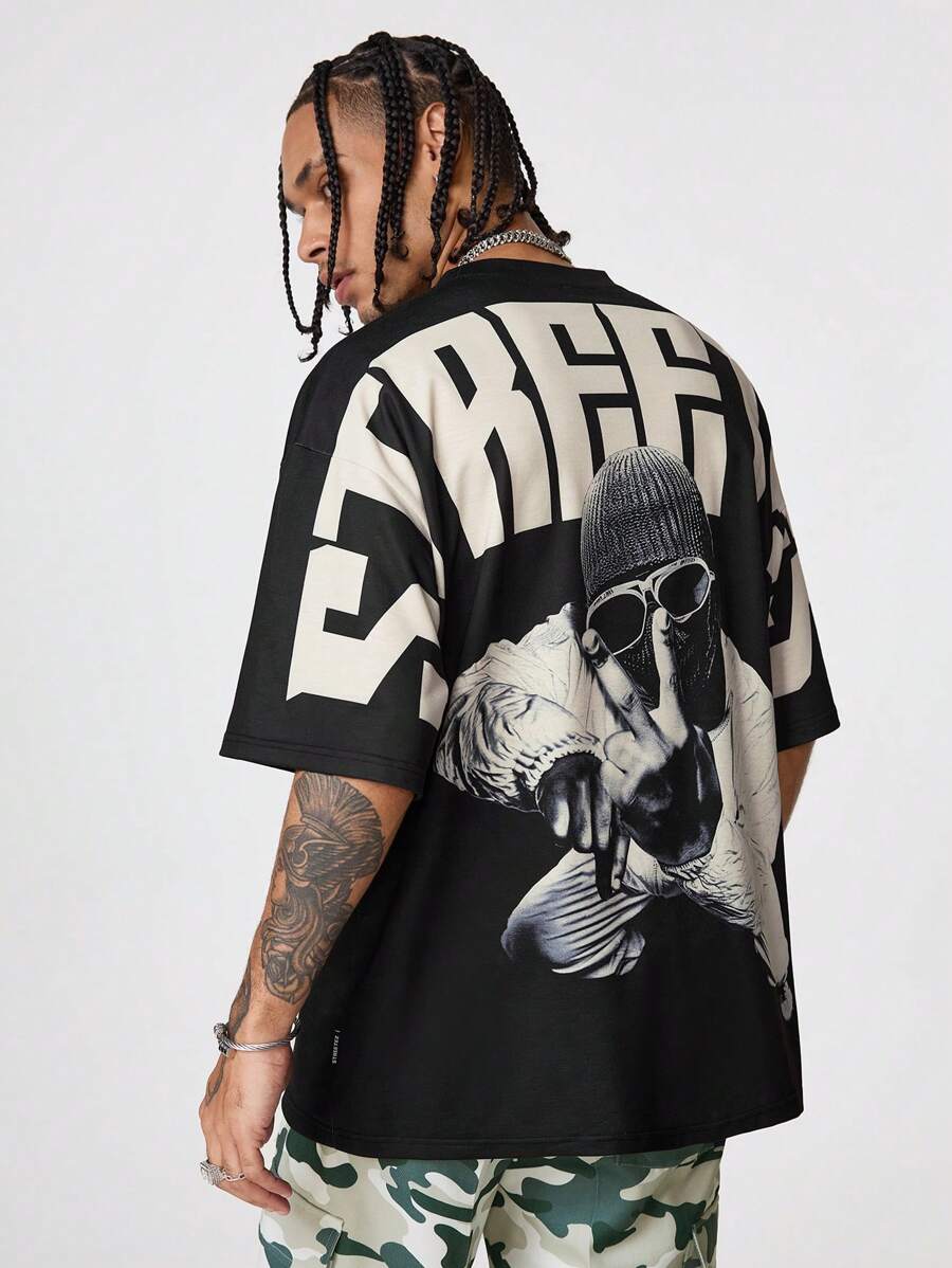 Japanese streetwear oversized graphic tee black gothic punk drop shoulder t-shirt Harajuku style