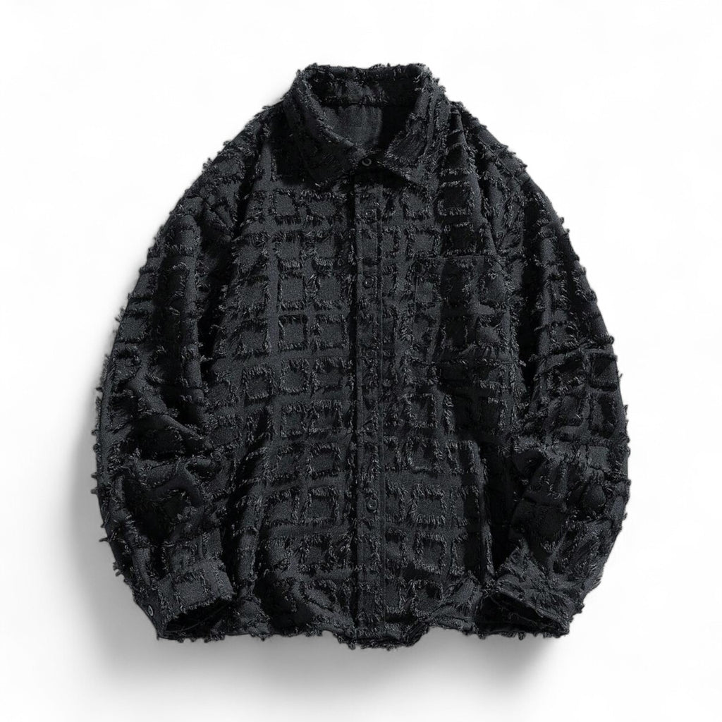 Japanese streetwear gothic plaid shirt – black textured button-up loose fit long sleeve