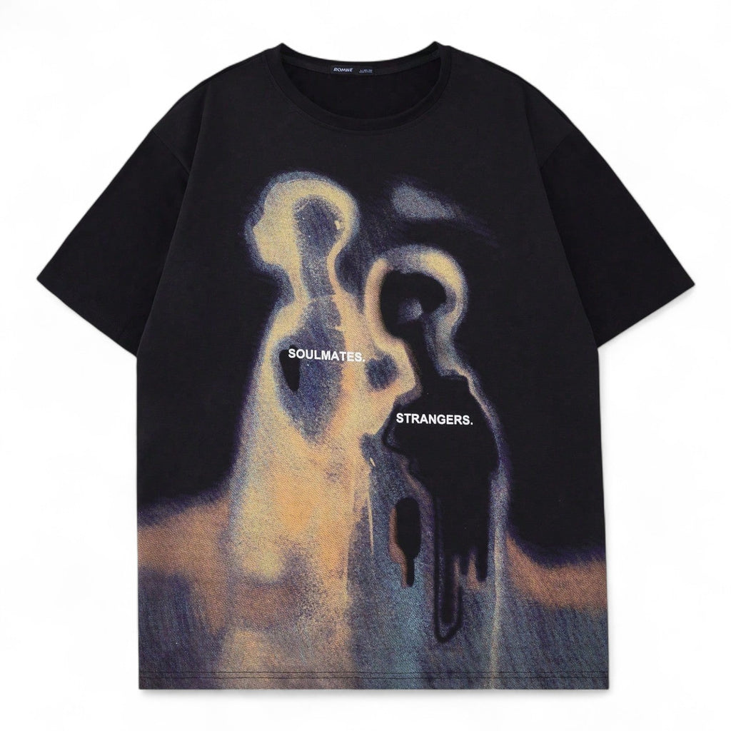 Black Soulmates Strangers Oversized Graphic T-Shirt with Hazy Silhouettes – Japanese Artcore Streetwear