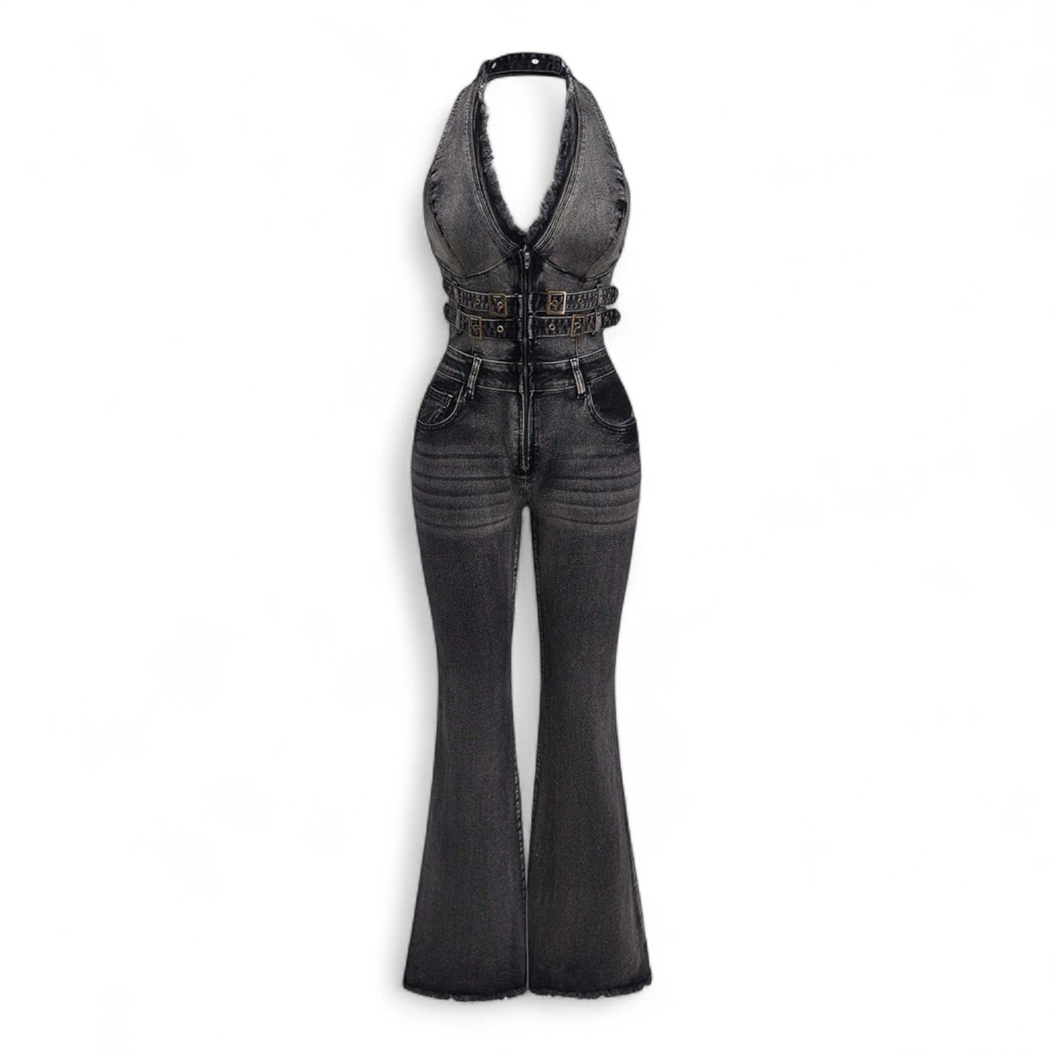 Black backless halter denim jumpsuit with belted waist and flared legs – gothic one-piece streetwear for women