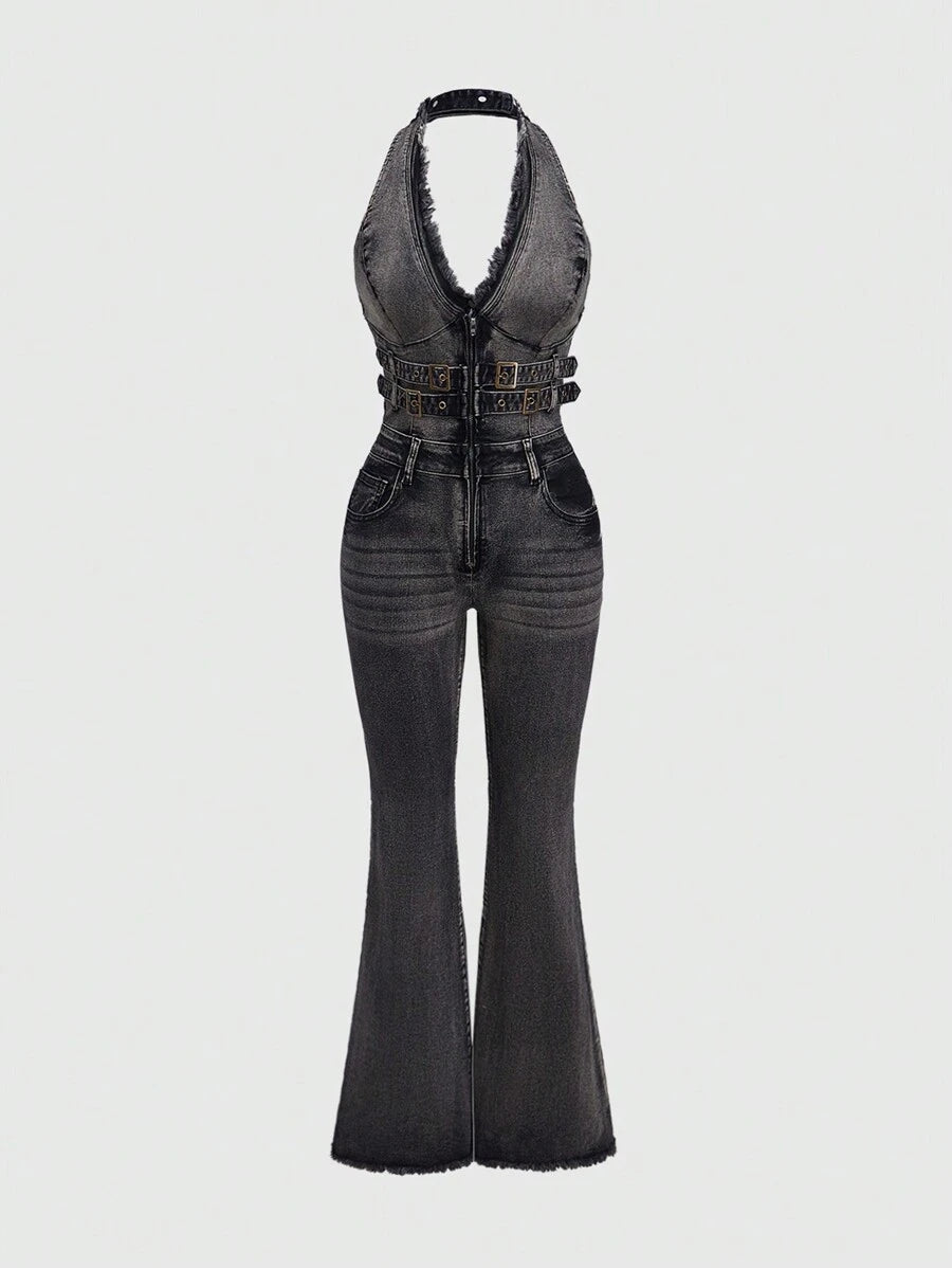 Black backless halter denim jumpsuit with belted waist and flared legs – gothic one-piece streetwear for women