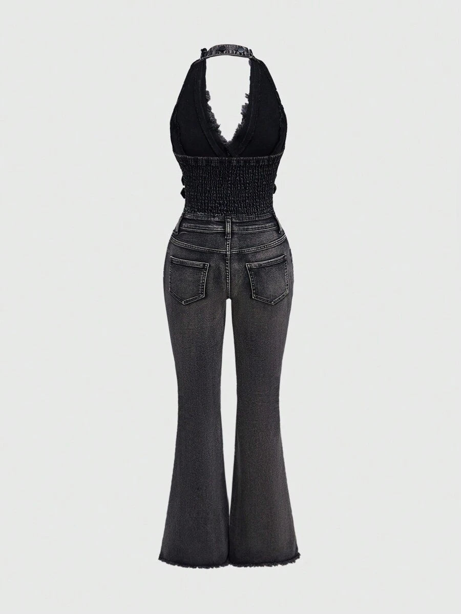 Black backless halter denim jumpsuit with belted waist and flared legs – gothic one-piece streetwear for women