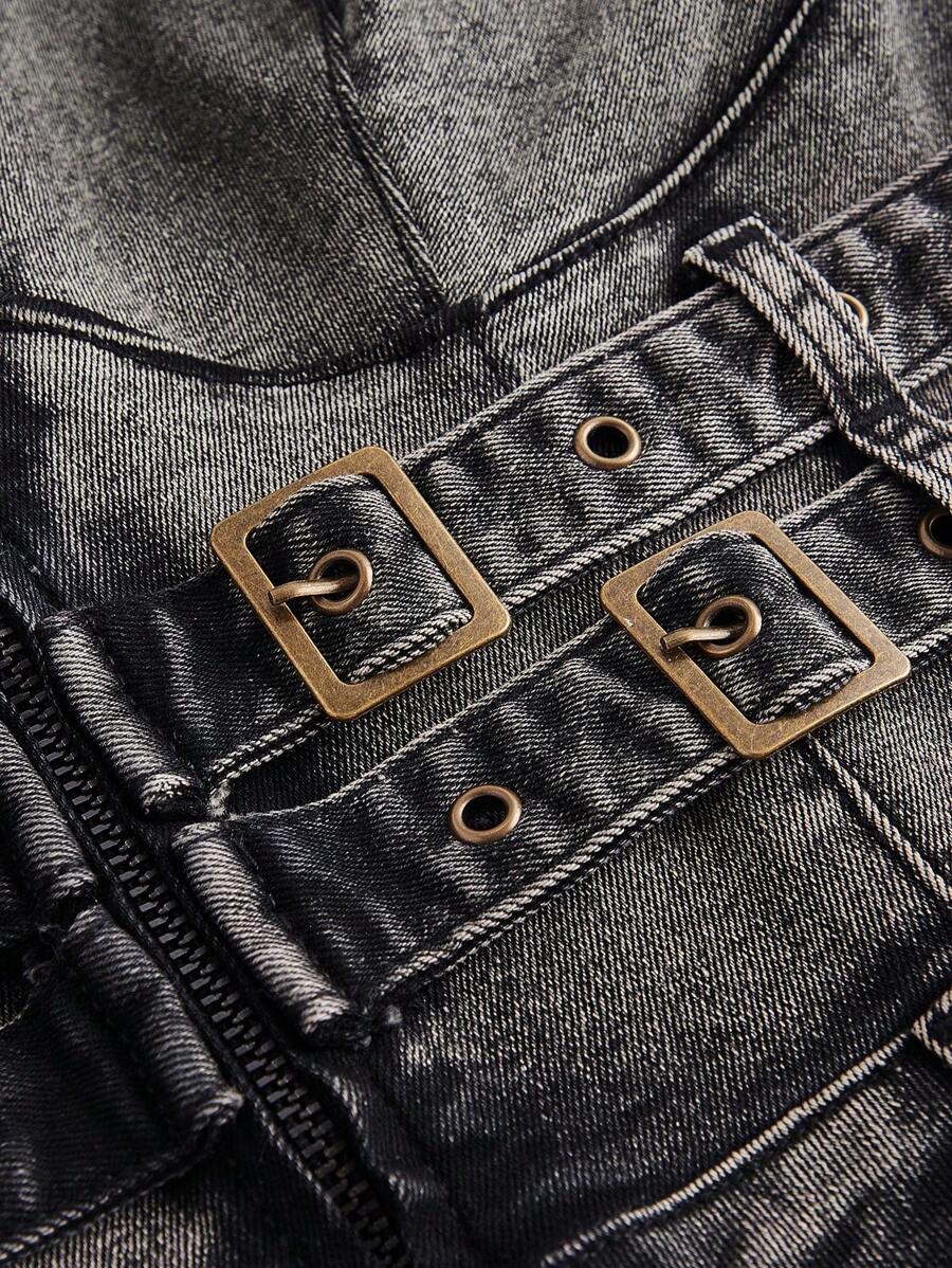 Black backless halter denim jumpsuit with belted waist and flared legs – gothic one-piece streetwear for women