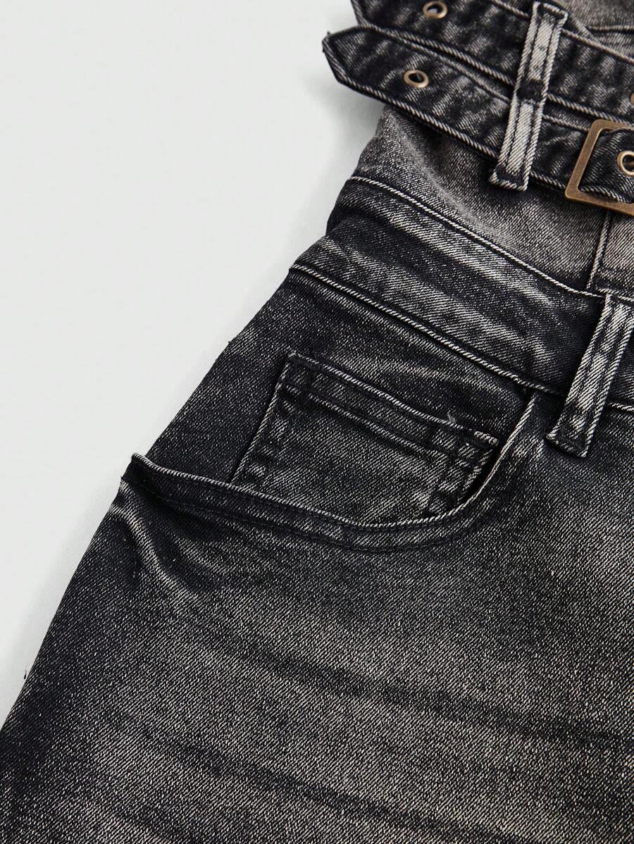 Black backless halter denim jumpsuit with belted waist and flared legs – gothic one-piece streetwear for women