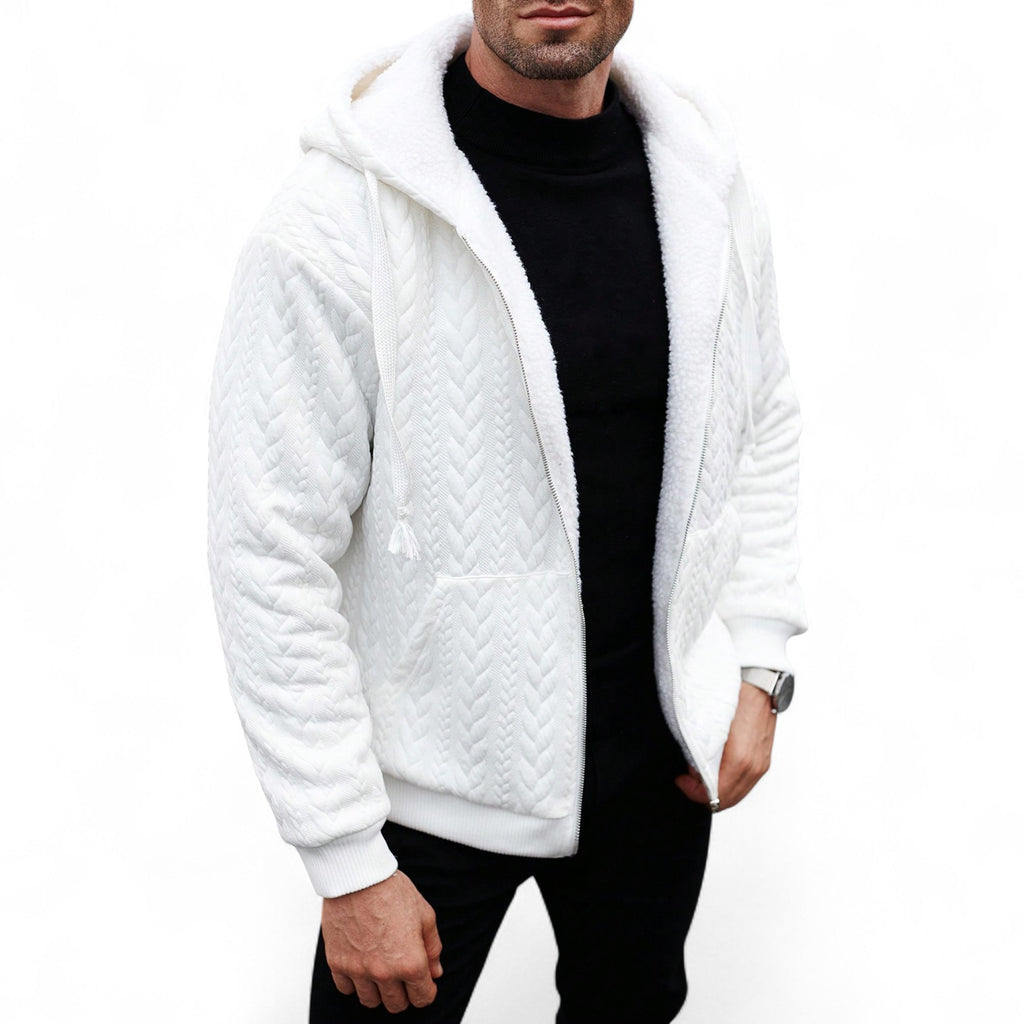Men's white knitted fleece hoodie with sherpa lining and zip-up front