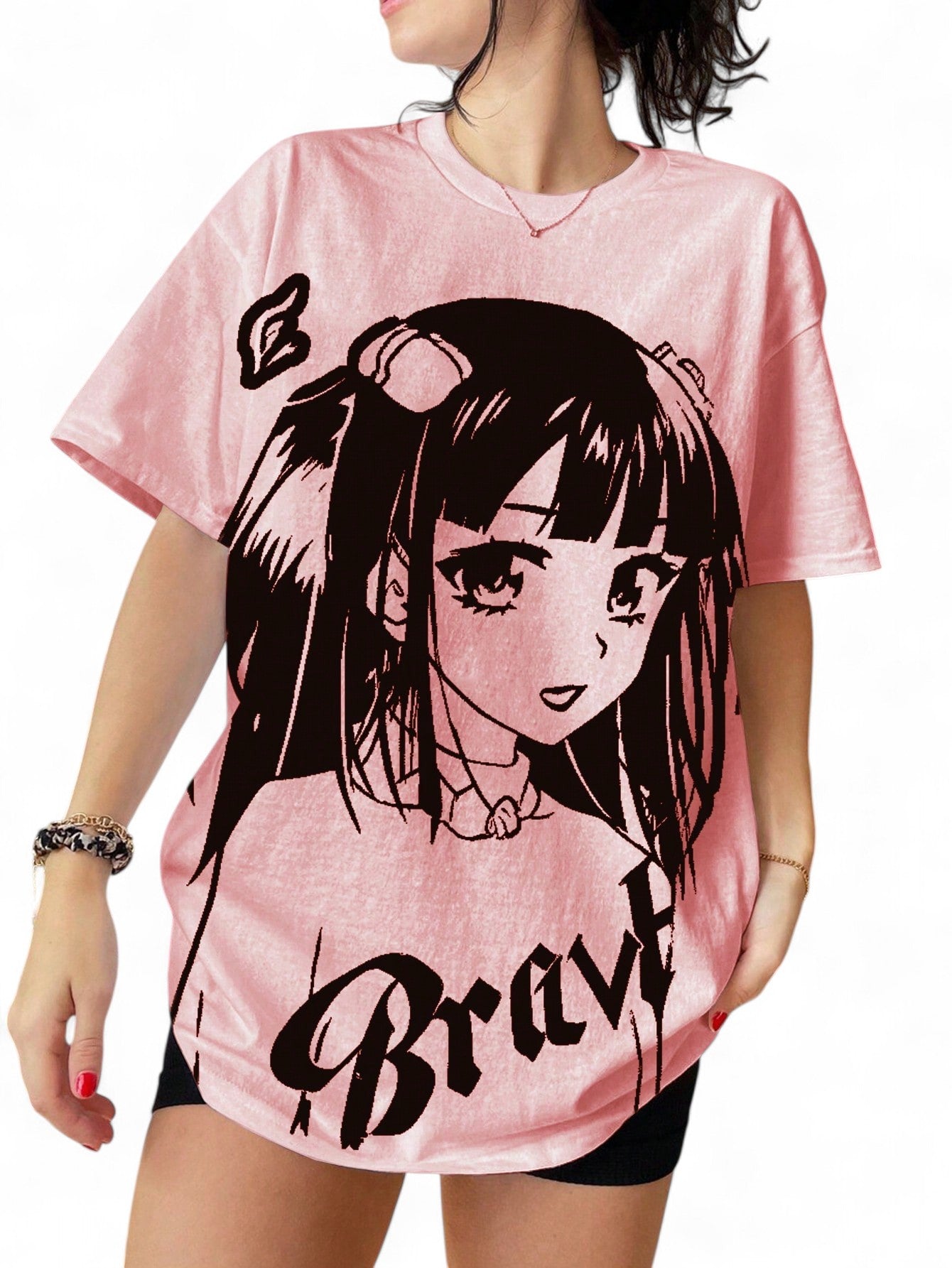 BRAVE ANIME GIRL TEE – BLACK & PINK JAPANESE STREETWEAR SHIRT