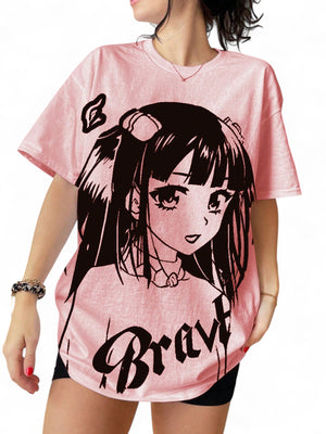 BRAVE ANIME GIRL TEE – BLACK & PINK JAPANESE STREETWEAR SHIRT