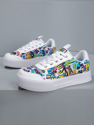 Colorful graffiti street sneakers with white base and comic-style print, lace-up low tops with EVA sole