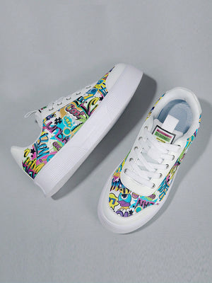 Colorful graffiti street sneakers with white base and comic-style print, lace-up low tops with EVA sole