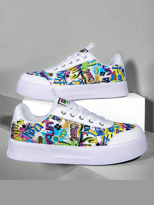 Colorful graffiti street sneakers with white base and comic-style print, lace-up low tops with EVA sole