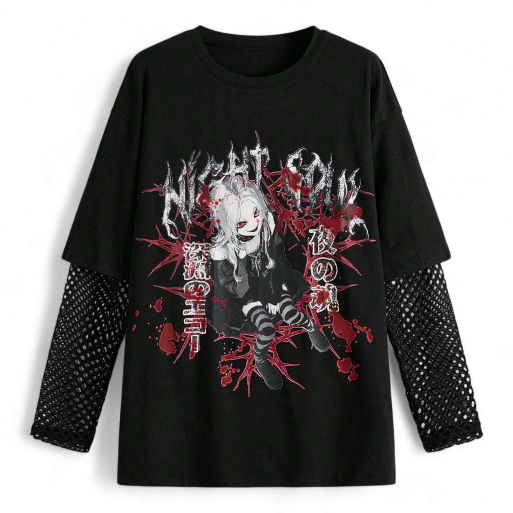 NIGHT MESH LAYERED GOTHIC ANIME TEE – JAPANESE STREETWEAR LONG SLEEVE SHIRT