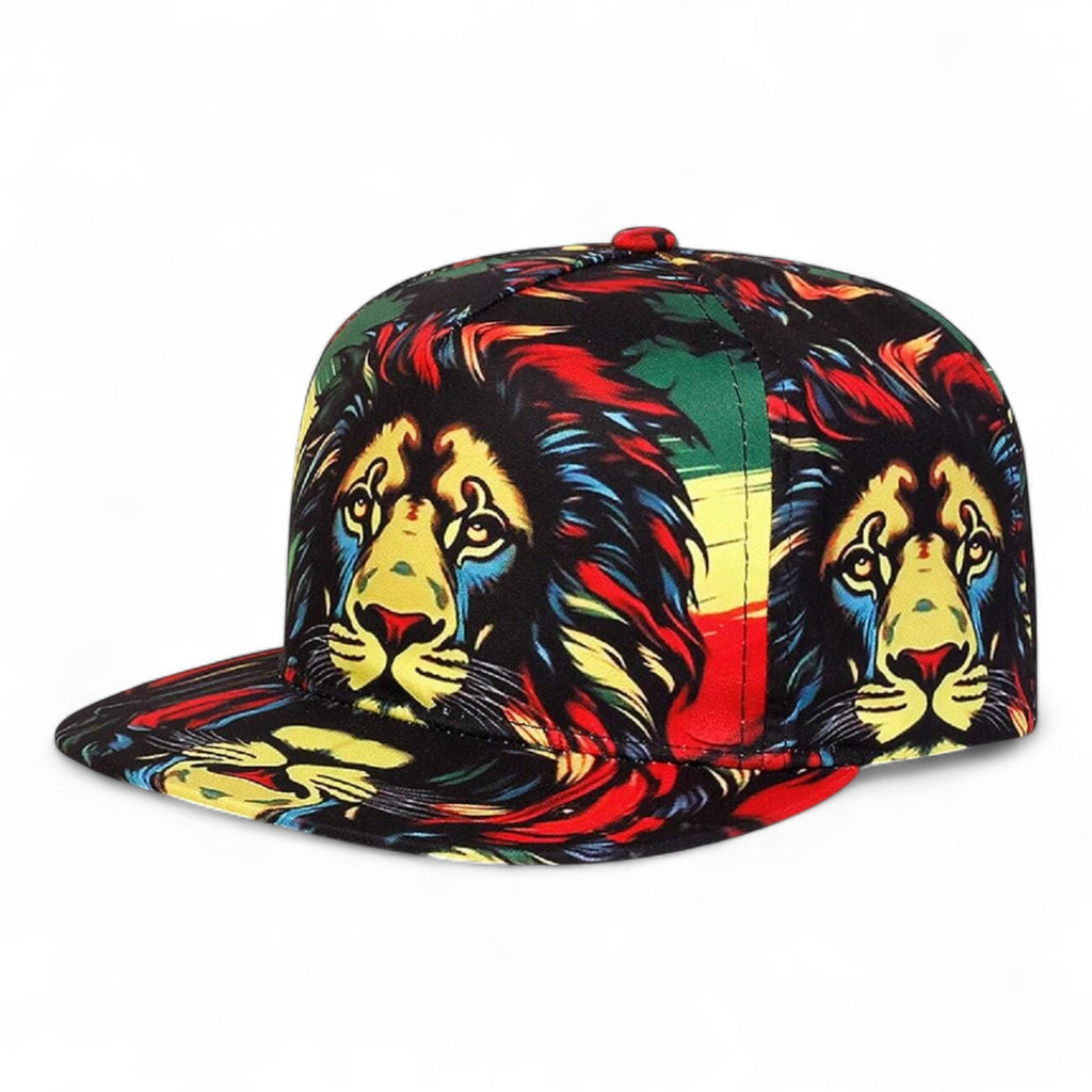 Lion print hip-hop cap with Rasta color scheme – bold Japanese streetwear snapback