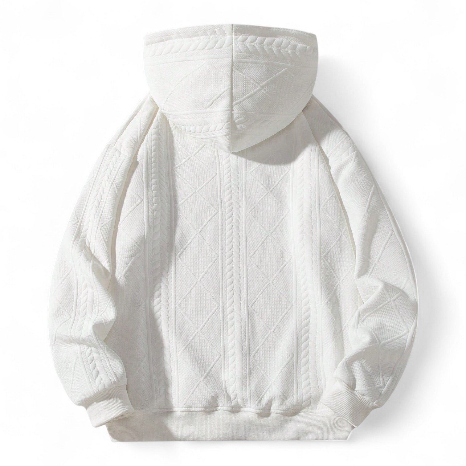 White knitted hoodie with zip neck and drop shoulders – warming outdoor streetwear pullover
